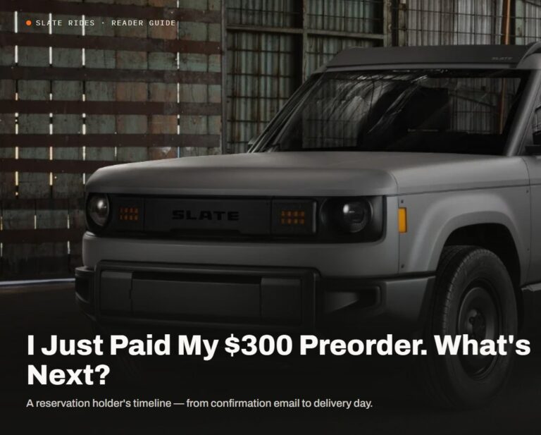 Gray Slate pickup truck in a warehouse, with text overlay reading "I Just Paid My $300 Preorder. What's Next?"