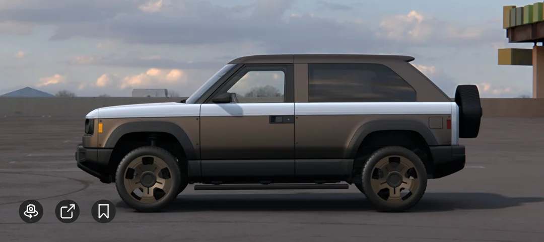 Side view of a silver-and-charcoal two-door SUV rendering with a rear-mounted spare tire.